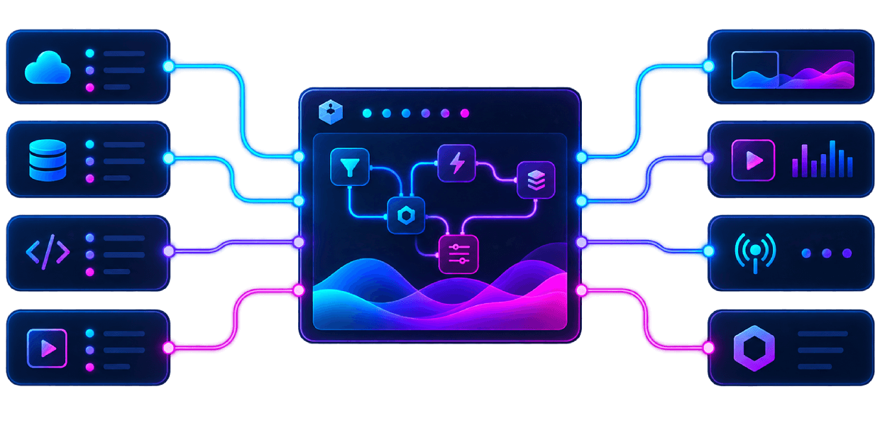 Visual workflow connecting data, media, automation and live production systems